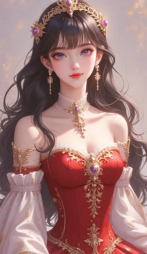 beautiful girl with long black hair and bangs. Lavender eyes. wearing a luxury royal dresses. Red dress, Princess, kingdom, smile, full body, 1girl, High Resolution, Masterpiece, Accurate, Anatomically Correct, Best Quality, Detail, High Details, Quality, ...