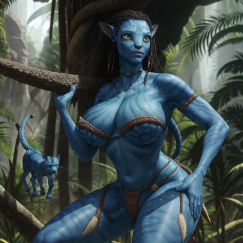 (Masterpiece, highres), AOA, Avatar, sfw, 1girl,  Na'vi, blue skin, 8k, neytiri, neytiri, Neytiri anatomy)l, outback, beautiful eyes, milf, huge tits, (loin cloth clothing), beautiful face, tropical temple, jungle, toned, trees in the background, sweat, de...