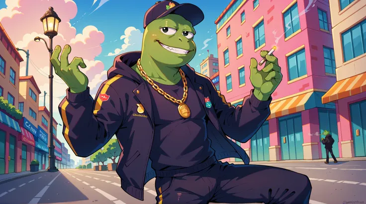 Pepe Frog, Maximum_Detail, Dynamic Pose,(anthropomorphic frog, classic pepe face, half-lidded confident eyes, smug expression), 1boy, urban pepe swagger, gold chain necklace, black tracksuit, black jumper, black trousers, Black baseball cap, hood up, black...