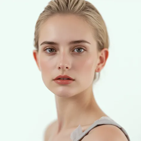 ethereal beauty. Slavic doll aesthetic. russian. feminine 90s model. sharp, angular features, beautiful slim face. young woman in her 20s. blonde hair slicked back into a low bun. white background. facing and staring straight at camera.

