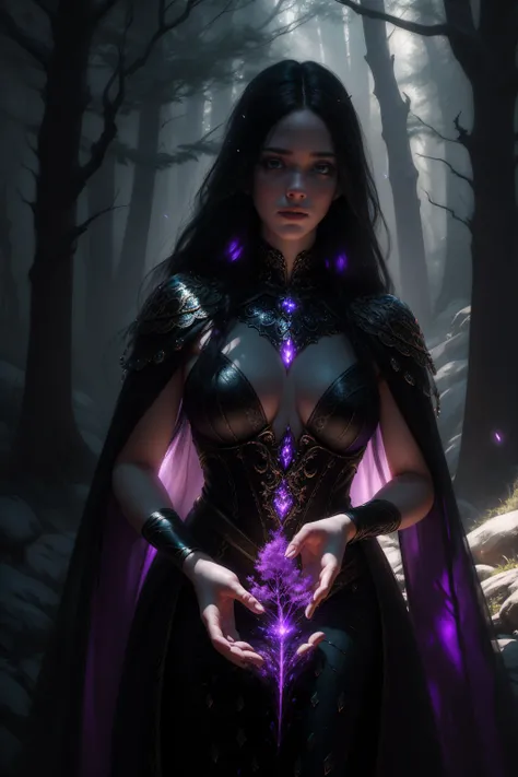 a beautiful woman with long dark hair, piercing violet eyes, sharp features, pale skin, ornate black and purple dress, standing in a magical forest with mystical glowing plants and floating particles, dramatic lighting, ethereal atmosphere, cinematic compo...