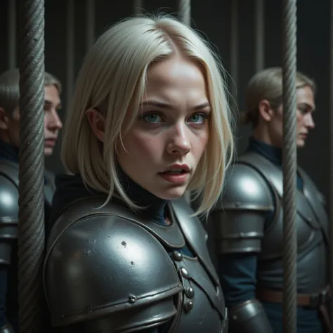 High resolution, masterpiece, photorealistic, a full armored 17-year-old female knight with blonde medium bob hair, blue eyes, round shape face and indomitable look wearing a prison uniform is tortured with painful expressions.