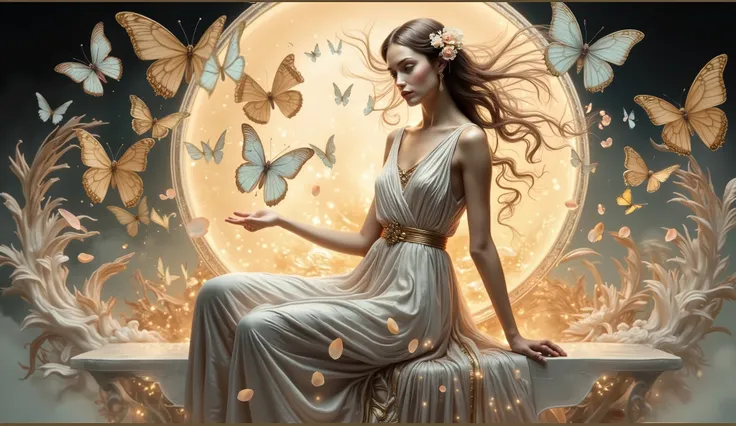 ethereal digital artwork of a beautiful woman with gentle features and graceful hands posed like a classical sculpture, surrounded by floating flower petals and glowing butterflies, wearing a flowing gossamer gown, backlit by soft golden light, painterly s...