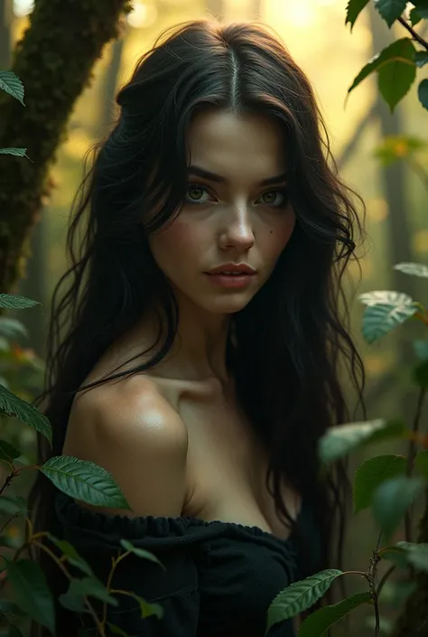 Create a woman in a half-naked black-haired forest,  brown eyes , white skin color and 