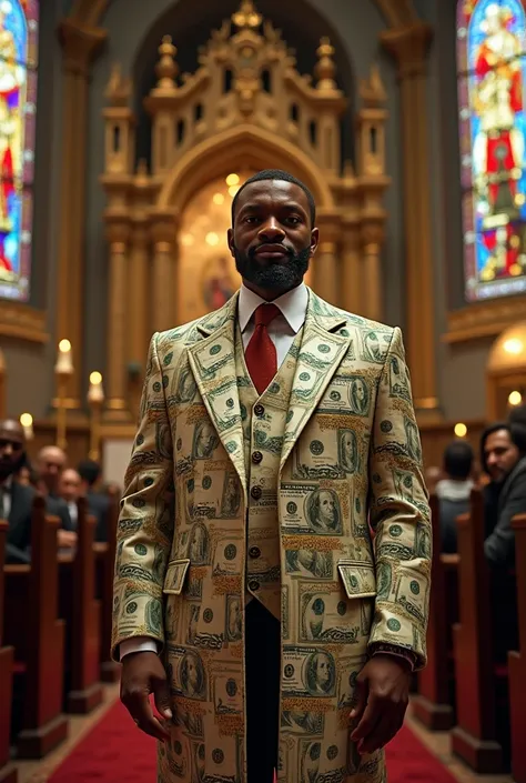 Pastor wearing dollar printing coat