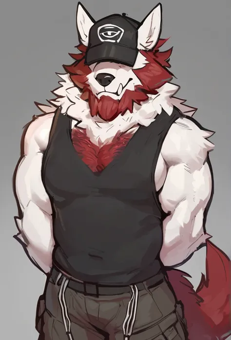 One,  Black leather scarf werewolf ,  body,  white fur on the stomach and chest under his jaw and between his arms,  black hair tail and ears ,  perfect anatomy ,  masterpiece, Dark red beard ,  detailed eyes, high,  strong jaw, Alone ,  great lighting , ,...