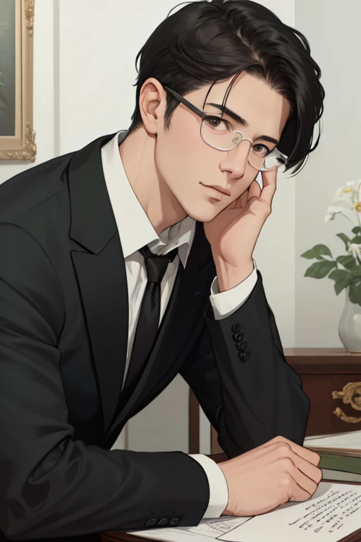 nsfw,  masterpiece,  borrowed letter ,  ultra-detailed, semi-realistic,  detailed facial features, 1 ,wearing elegant executive clothes,voluptuous,Sensual, short black hair ,gray clothes, arrogant ,glasses