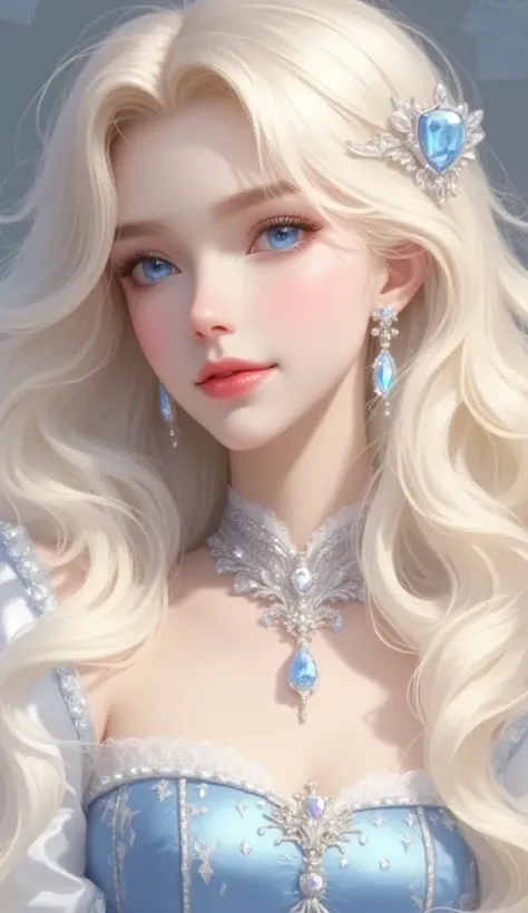 beautiful girl with long blonde hair. Blue eyes. wearing a luxury royal dresses. Blue dress, Princess, kingdom, smile, full body, 1girl, High Resolution, Masterpiece, Accurate, Anatomically Correct, Best Quality, Detail, High Details, Quality, Super Detail...