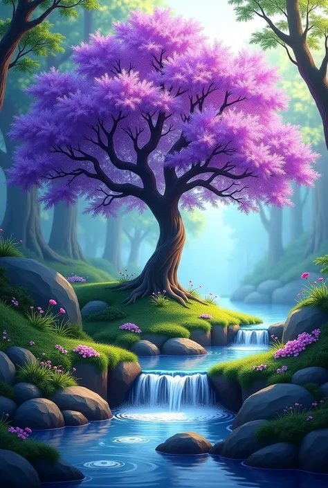 a tree with purple flowers in the middle of a stream, anime art wallpaper 4 k, anime art wallpaper 4k, magical tree, background artwork, 8k high quality detailed art, anime wallpaper 4 k, magical fantasy forest, anime wallpaper 4k, anime nature, anime natu...