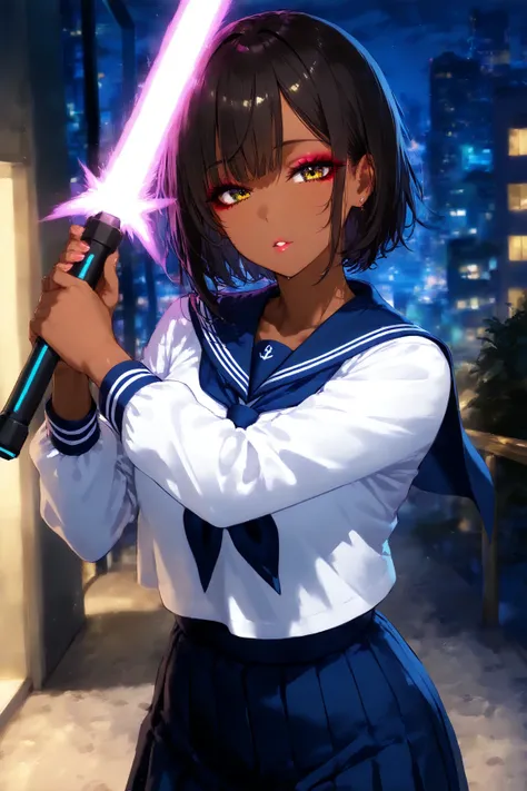 4k,ultra detailed,(holding beam beam sword),girl, girl,makeup,sailor uniform,   tanned skin,background urban,at night,