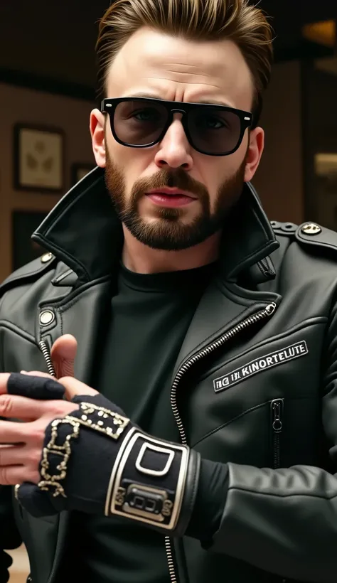  Chris Evans takes on the role of Johnny Cage in a vibrant and charismatic interpretation of the iconic action star of  *Mortal Kombat*. Wearing stylish sunglasses,  combat gloves and an athletic suit marked with his name ,  he exudes unwavering confidence...