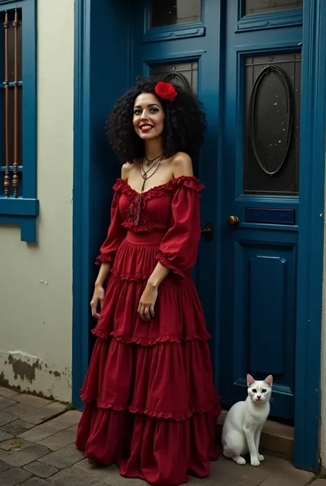  A Gypsy Woman, Brunette and haughty, curly and wavy black hair, at shoulder height and with a rose on the left side. Has an open smile , happy. It's leaning against the wall,  next to a door of a Portuguese colonial-style house, the door and the door fram...