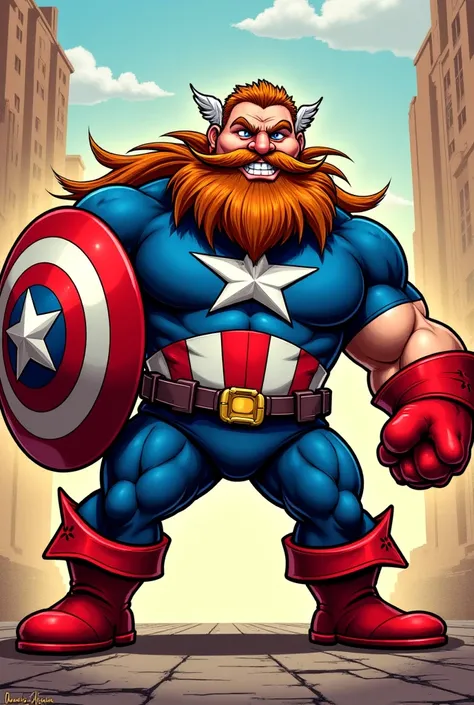 Caricatura cartoon de Zangief de street fighter fusionado con capitán america
