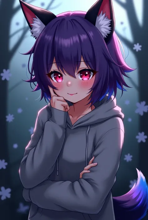 Anime girl ,Purple hair,wolf ears,red and grey eyes, bat wing, wolf tail black to blue, grey hoodie,human body