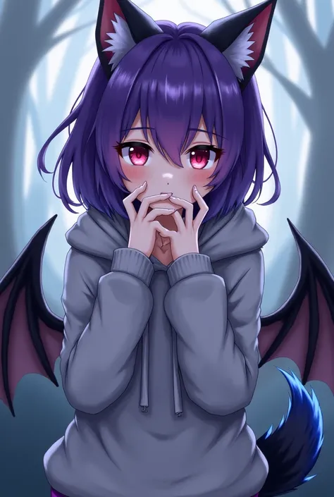 Anime girl ,Purple hair,wolf ears,red and grey eyes, bat wing, wolf tail black to blue, grey hoodie,human body