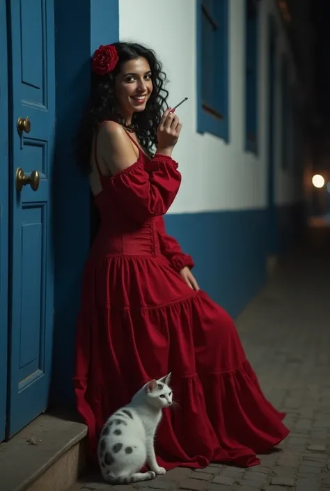  A Gypsy Woman, Brunette and haughty, curly and wavy black hair, at shoulder height and with a rose on the left side. Has an open smile , happy. It's leaning against the wall, next to a door of a Portuguese colonial-style house,  the door and door frame ar...