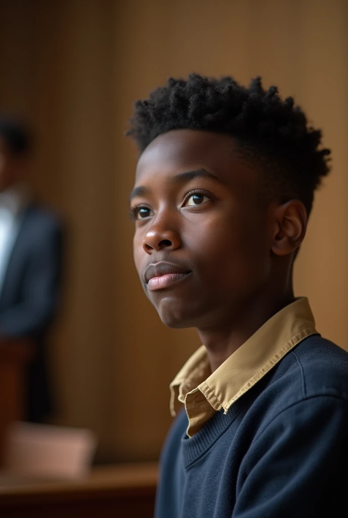 A 14-year-old black man paying attention to a speaker