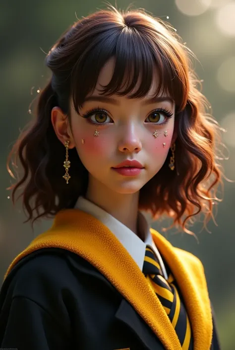  Create my Harry Potter OC : Boa Imperator with the following features, Shoulder-length and wavy brown hair,  wearing the Hufflepuff uniform, ring-shaped lenses and earrings, fair skin and height 1.52