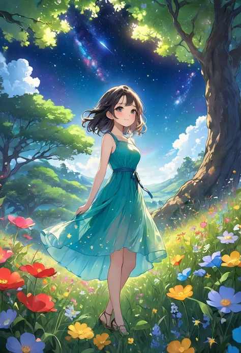  beautiful girl、Cute Face、Precision drawing、Ochibi-chan、Height: 160cm、Blue see-through dress、Grassland with wild flowers blooming 、 colorful flowers are blooming、 night sky with beautiful stars visible 、A giant tree with large green branches and leaves、Sur...