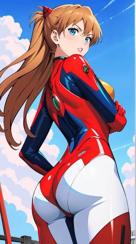 (((masterpiece))), ((best quality)), ((ultra-detailed)), (illustration), (detailed lig ht), (an extremely delicate and beautiful), source_cartoon, source_anime, 1girl, souryuu_asuka_langley, blue_eyes, plugsuit, ass, bodysuit, solo, breasts, red_bodysuit, ...