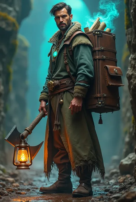 Attractive man, 30 years old, handsome man, Thaumaturge, rags, pouches, steampunk, ars obscura, holding an iron axe in one hand and a glowing lantern with turquoise light in the other hand. He wears a backpack that is a big old musty book, spellbook, grimo...