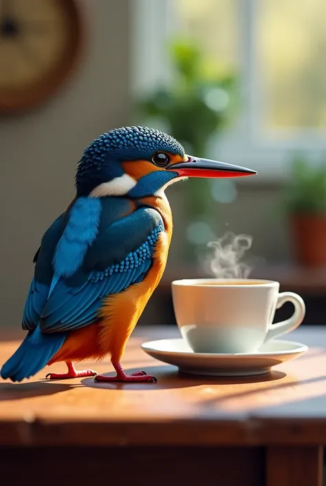 Bright blue kingfisher at a table with a coffee cup 