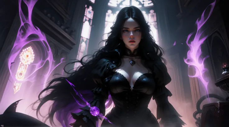 {-erro_de_anatomia:1.0} woman 3, witchcraft, magician, victorian clothes, where poison potions and vines abound, a woman (yennefer), very long black hair (black hair), (purple eyes), nekless . Indifferent look , merciless, dancing witk a demon, Angry face,...