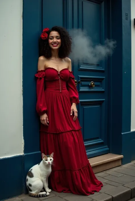  A Gypsy Woman, Brunette and haughty, curly and wavy black hair, at shoulder height and with a rose on the left side. Has an open smile , happy. It's leaning against the wall,  next to a door of a Portuguese colonial-style house, the door and the door fram...