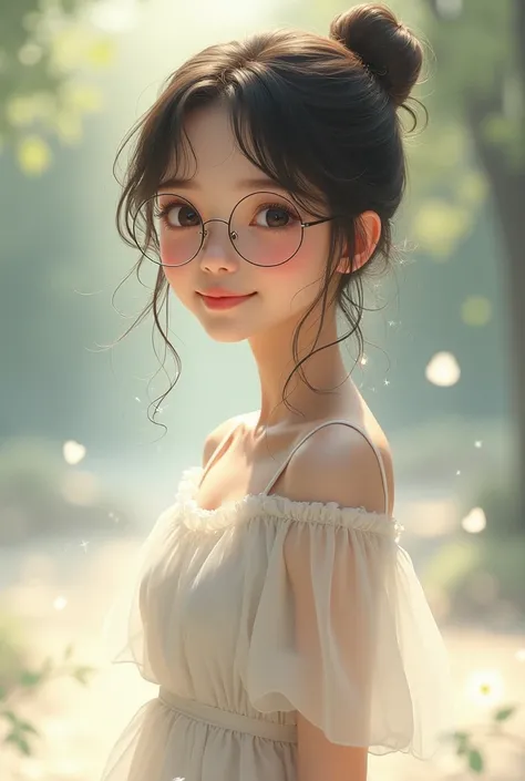 young, petite and slim girl in white dress with glasses smiling