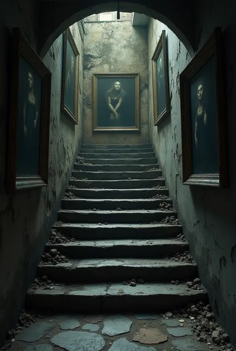 The beginning of an old staircase, with dark paintings hanging on the sides 