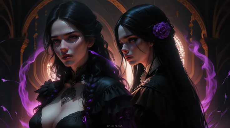 {-erro_de_anatomia:1.0} woman 3, witchcraft, magician, victorian clothes, where poison potions and vines abound, a woman (yennefer), very long black hair (black hair), (purple eyes), nekless . Indifferent look , merciless, dancing witk a demon, Angry face,...