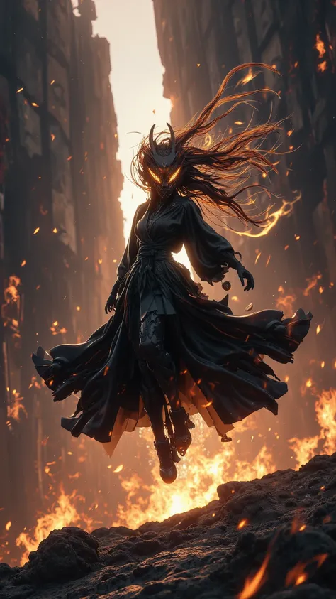  
【8k,UHD,Surreal,
photo,  best quality , Mage in Black Robe ， beautiful woman，Beautiful woman with fire ， Floating in the Canyon Battlefield，illuminate，Land of Fire 