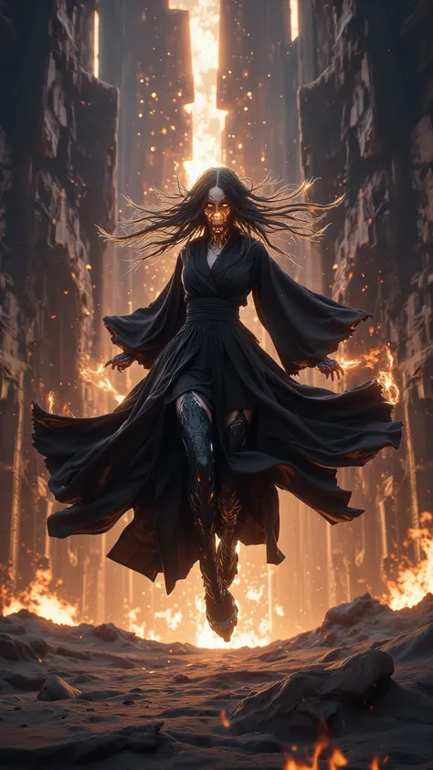  
【8k,UHD,Surreal,
photo,  best quality , Mage in Black Robe ， beautiful woman，Beautiful woman with fire ， Floating in the Canyon Battlefield，illuminate，Land of Fire 