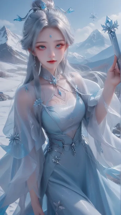 In a fantasy world ， The live-action version of Lu Xueqi descends like a fairy 。 She wears a long, icy blue dress ，The skirt flutters in the wind， as if blending in with the surrounding clouds 。She has a beautiful face， skin is flexible ， Her eyes are clea...