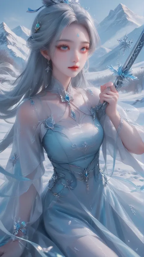 In a fantasy world ， The live-action version of Lu Xueqi descends like a fairy 。 She wears a long, icy blue dress ，The skirt flutters in the wind， as if blending in with the surrounding clouds 。She has a beautiful face， skin is flexible ， Her eyes are clea...