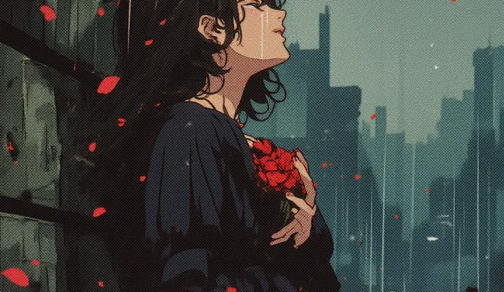 A beautiful woman dressed in black is in love and crying by the wall on a rainy day. Anime style
