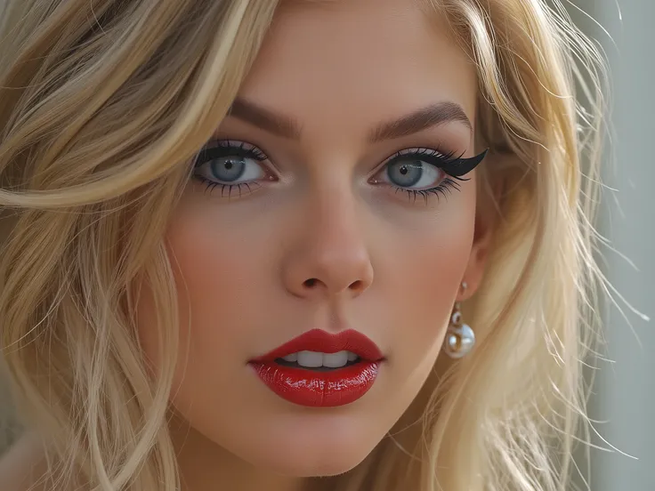 extreme close up portrait of face, elegant blonde hair, extremely shiny deep red lip gloss, eyeliner flicks, latex