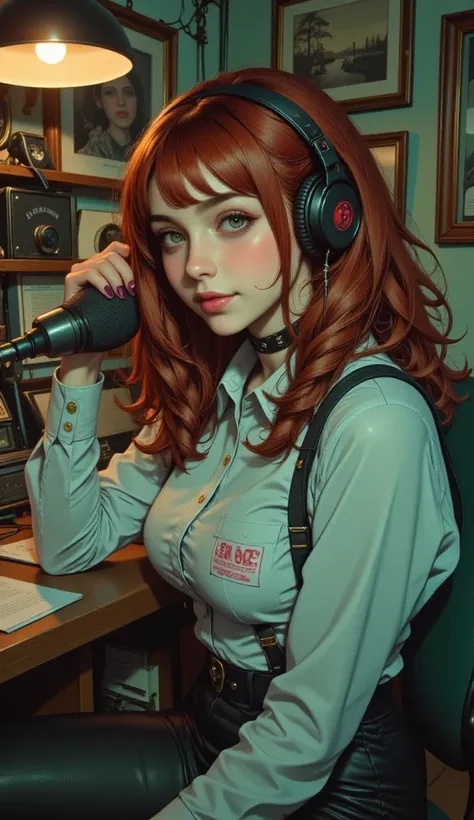  A captivating night-time radio host, sitting at a dimly lit desk with luminescent lamps casting a warm glow. She has mischievous green eyes and a playful, knowing smile, as if she’s just shared a secret with her unseen audience. She's broadcasting somethi...