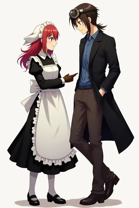 An anime girl with red hair and brown eyes, wears a black maid outfit and has a cloth on her head she meets anime boy with,white neck cover,dark gray shoes,blue shirt,dark brown hair with long sideburs,black long jacket,brown gloves,dark brown pants,brown ...