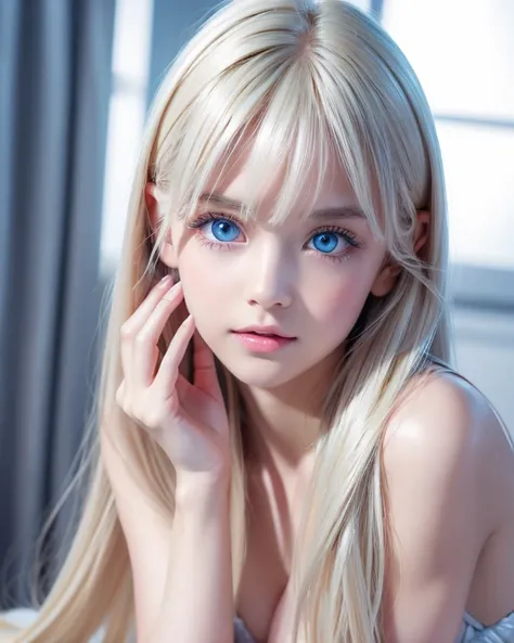  Mastepice,  best quality,  very innocent first 々An Extraordinary Beautiful Girl with a Beautiful Young Appearance 、 Very Beautiful Super Long Platinum Blonde Silky Hair 、Illustration、 Super Detailed Details ,  high resolution, 8K Wallpaper,  perfect dynam...