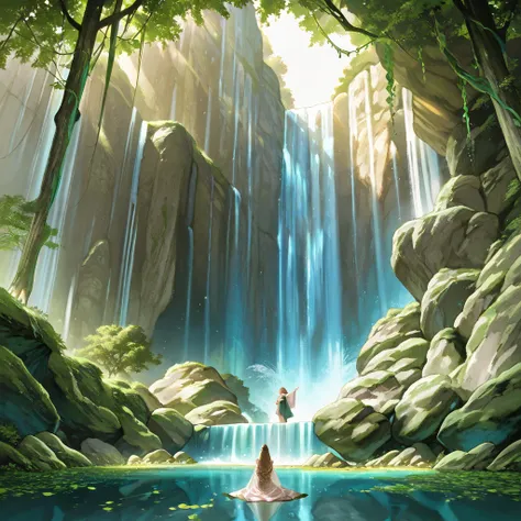 A breathtaking, majestic waterfall cascades gracefully over smooth, weathered stones in a lush, verdant paradise. The crystalline water glimmers under the soft golden light of the sun, refracting delicate rainbows as it plunges into a serene, mirror-like p...