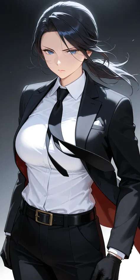 Mature female, solo female, black suit, white shirt, black hair, blue eyes, ponytail, black tie, black gloves, black pants, belt, serious look