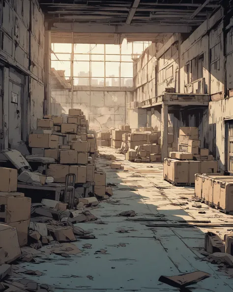 Room post apocalypse. Warehouse. Retro anime style. 