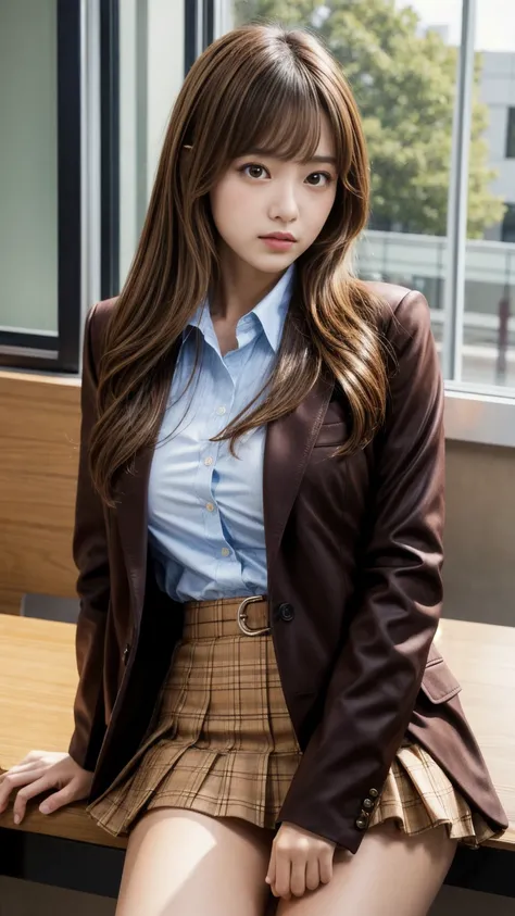 Product quality,  in the seat,  cowboy shooting ,  front view,  a pretty young Japanese girl  ,  orbital space,  high school girls' uniforms ,  blazer,wear, wear a checkered pleated micro mini skirt,  very cute face ,  glossy lips ,  double eyelids ,(  nat...