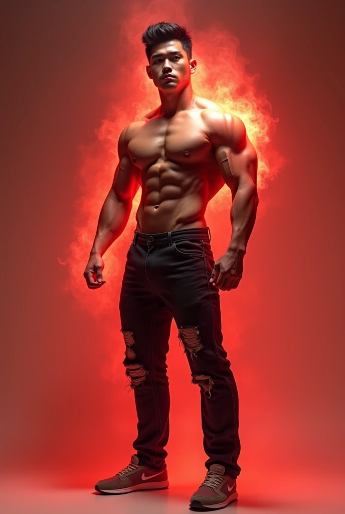 Handsome asian bodybuilder with huge muscle, young face, full body, wearing black ripped jeans, red aura around the body, wearing casual shoes