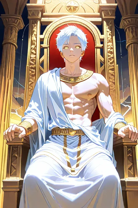 BEST QUALITY, ULTRA DETAILED, PERFECT ANATOMY, HIGH DEFINITION, INTRICATE DETAILS, ALONE, 1MAN, (GREEK GOD), muscular, toned, medium white hair, his eyes shine sky blue, his clothes are white and gold, with gold accessories, (Greek mythology style clothes)...