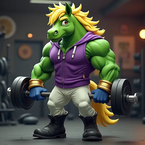 Green muscular furry horse with yellow mane in gold bracelets, wearing black boots , in white pants,  in a purple zippered sleeveless sweater, wearing blue gloves, holding a barbell in front of the gym 