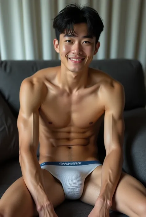 realistic, photographic, 30 years old boy, lean skinny body, twink, handsome, Japanese, short hair, sitting in the room, mesh briefs, shirtless, sweaty skin, hairy navel, hairy thighs, athletic boy, spread legs, 