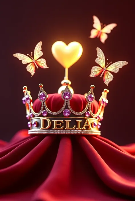 A 3D render of a luxurious and regal red crown. The crown is adorned with intricate details, precious gemstones, and golden-amethyst metallic lettering spelling out "DELIA ". The crown rests majestically atop a lush red ribbon, which highlights diamond det...