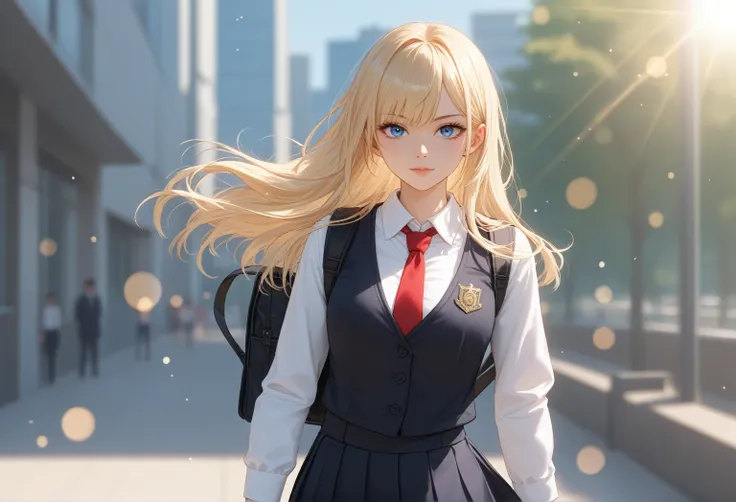 "((masterpiece, best quality)), insane resolution, absurd resolution, solo, outdoors, wearing a Bible Black-inspired school dress, 1girl, blonde long hair, blue eyes, black vest, red pleated skirt, white collared shirt, suspenders, school uniform, black th...